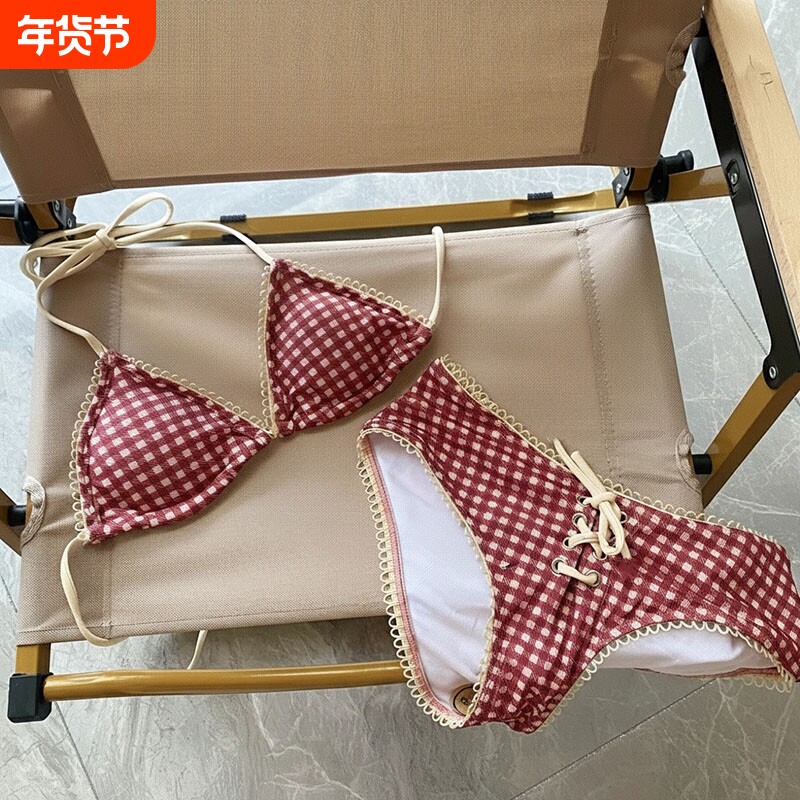 欧美比基尼格子绑带挂脖性感泳衣海边沙滩三点式辣妹度假温泉泳装