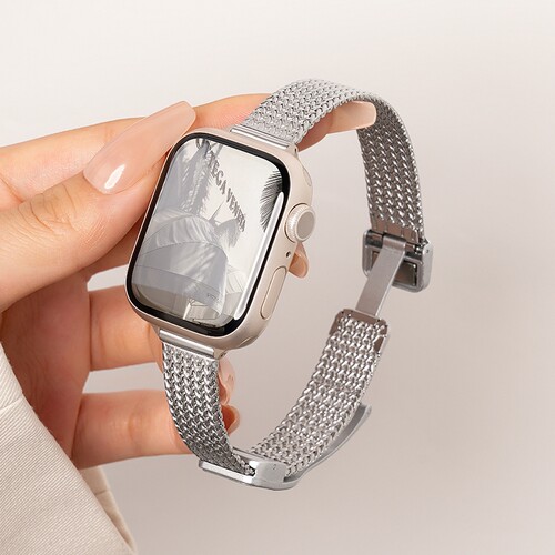 适用AppleWatch麦穗卡扣表带S10苹果手表不锈钢iwatchS9金属s8/7高级感细款SE代女夏玫瑰金金色银色黑色