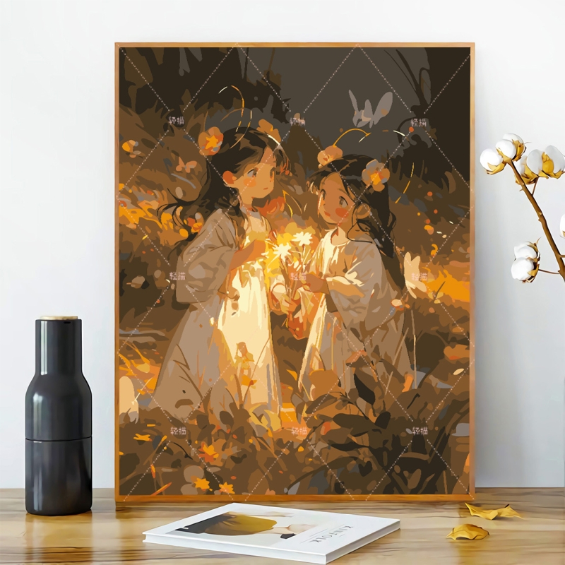 女孩的蝴蝶数字油画diy填充手工画画填色涂色儿童成人手绘装饰画