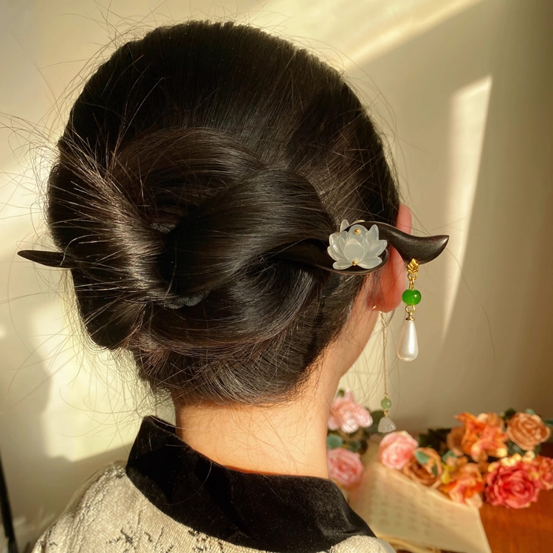 古风莲花檀木簪女新中式步摇流苏