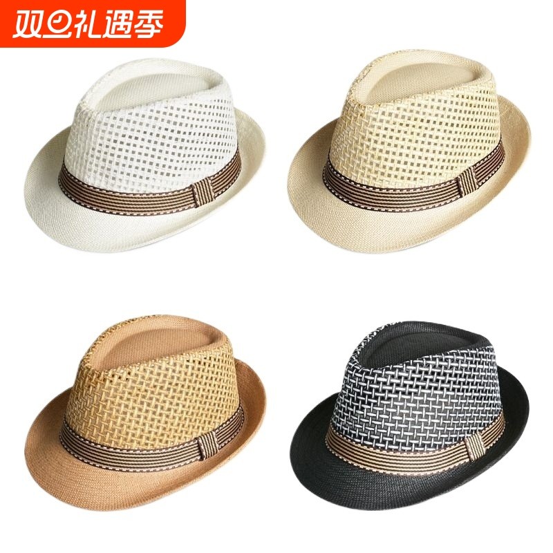 新款透气小礼帽男韩版夏季防晒遮阳沙滩帽英伦复古爵士帽卷边白色