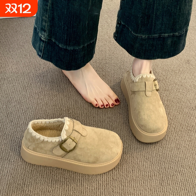 厚底勃肯鞋女2025新款秋冬加绒豆豆鞋保暖雪地靴一脚蹬棉鞋子毛绒