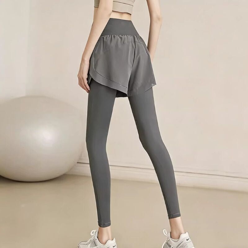 假两件大码瑜伽裤女高腰提臀跑步裤弹力紧身裤运动健身裤长裤速干