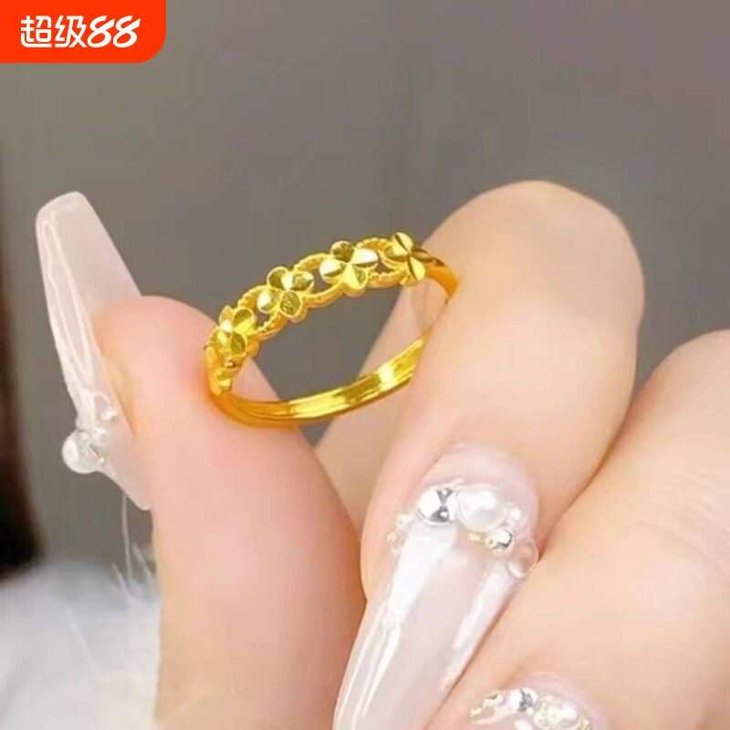 幸运四叶草戒指女镀黄金色竹节民族风素圈指环开口可调节图片