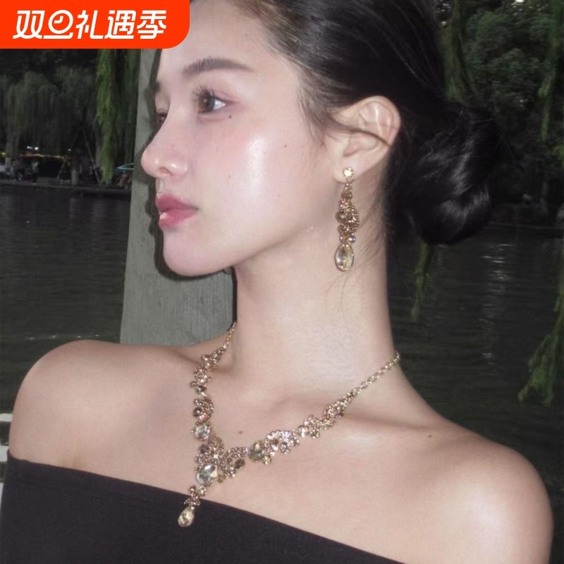 欧美夸张香槟色镶钻镂空水滴蝴蝶项链女晚礼服配饰锁骨链流苏