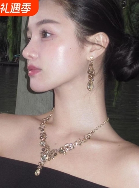 欧美夸张香槟色镶钻镂空水滴蝴蝶项链女晚礼服配饰锁骨链流苏