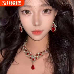 zoozmomo时髦红色夸张项链耳环套装女奢华锆石宴会礼服锁骨链