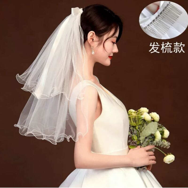 新娘头纱头饰超仙结婚拍照道具短款森系婚纱头纱领证白色头纱简约