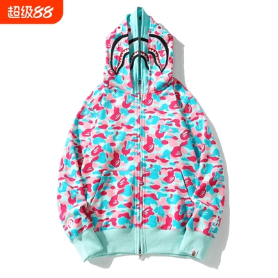 重磅潮牌APE连帽卫衣双帽SHARK APE猿人紫色迷彩开衫拉链外套亲子