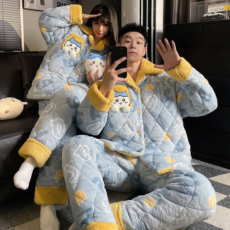 三层夹棉情侣睡衣男秋冬季珊瑚绒加绒加厚卡通女士可爱家居服套装