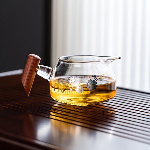 喜上眉梢280ml矮胖子公道杯耐热分茶炫彩木把玻璃茶漏高硼硅公杯