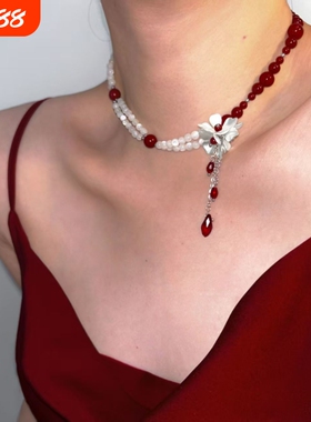 2025新款小众高级感choker红色串珠项链安可拉红色时尚锁骨链