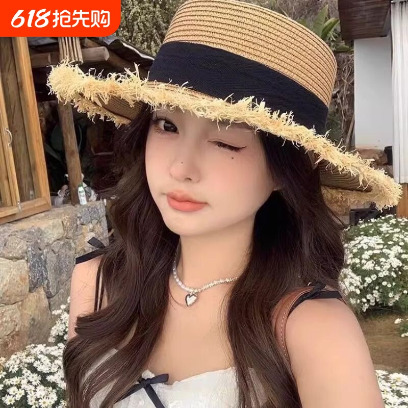 蝴蝶结毛边平顶草帽女夏海边沙滩度假日式夏威夷太阳编织遮阳帽子