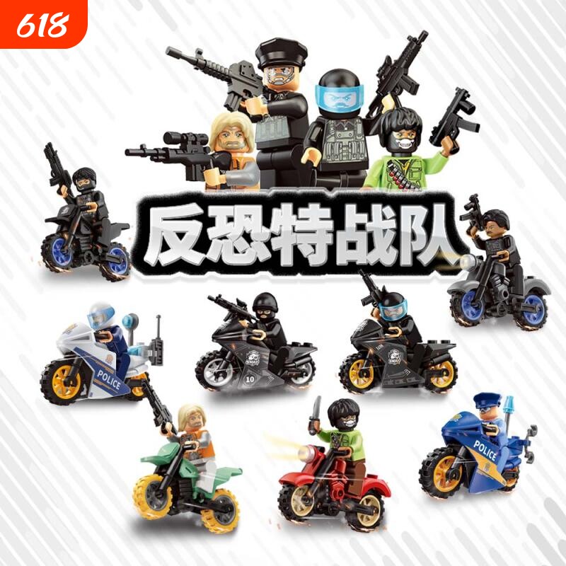 反恐特战队乐警察特警摩托积木小颗粒高儿童益智拼装小颗粒男孩