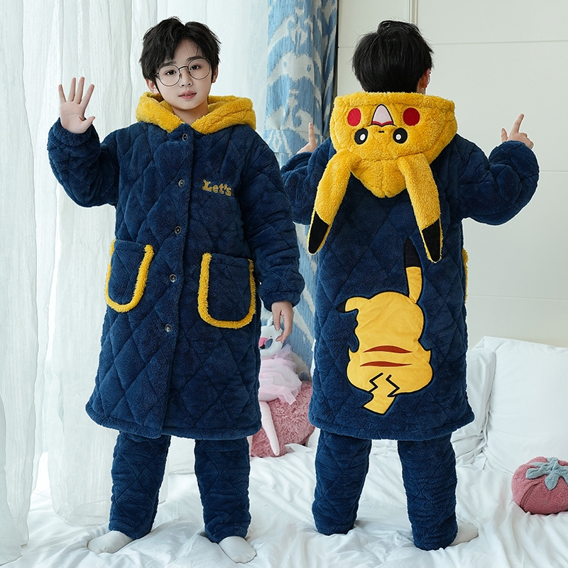 男童睡衣秋冬季法兰绒加厚夹棉睡袍皮卡丘男孩儿童家居服套装三层