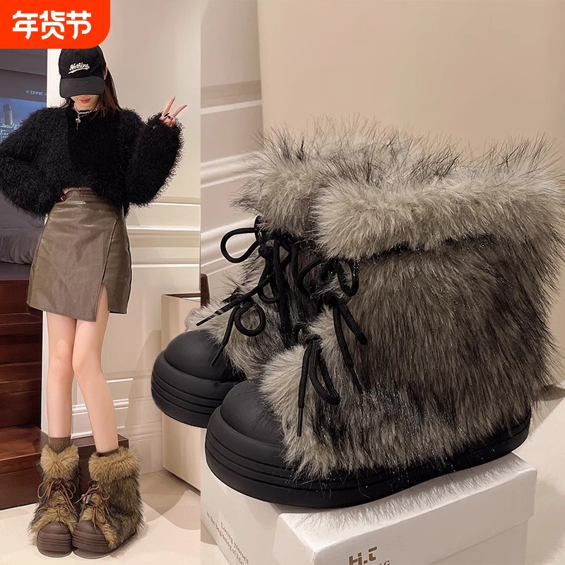 小香风白色毛毛鞋女秋冬外穿2025新款加绒一脚蹬软底棉鞋雪地靴,女鞋,时尚雪地靴,淘宝优惠券,粉丝福利购,淘宝优惠卷