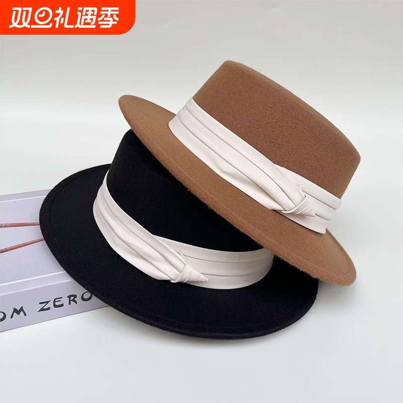 简约毛呢礼帽女平顶法式礼帽秋冬款英伦复古百搭平檐爵士帽男