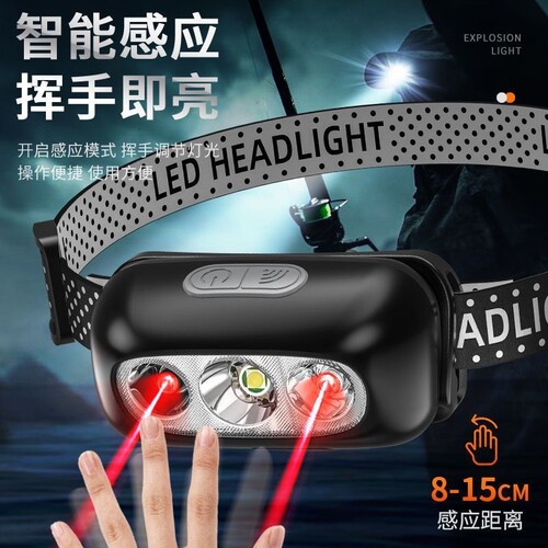 公牛适用LED头灯超亮头戴式强光感应小型夜钓鱼灯登山充电式照明