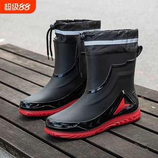 雨鞋雨靴男款防雨拉绳束口防水鞋防滑平底加绒套鞋工作轻便胶鞋男
