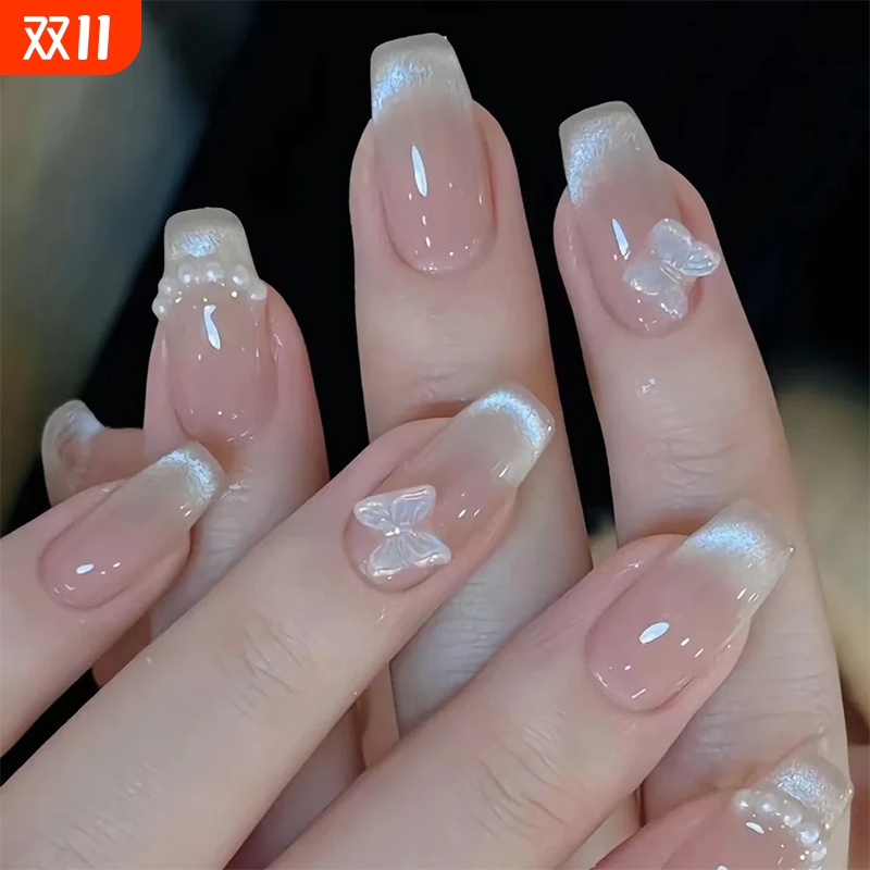 晶石猫眼美甲短款立体蝴蝶法式中长款2025新款高级感穿戴甲贴片