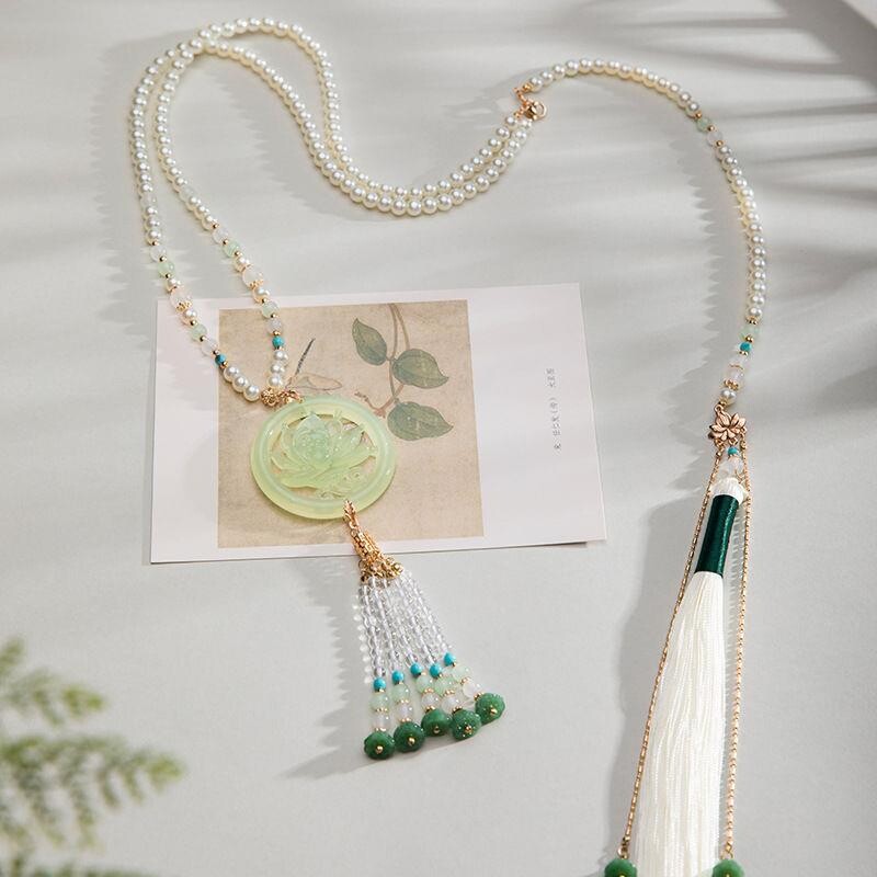 古风汉服配饰软璎珞中国风可爱仿玉石明制荷花吊坠项链小清新饰品