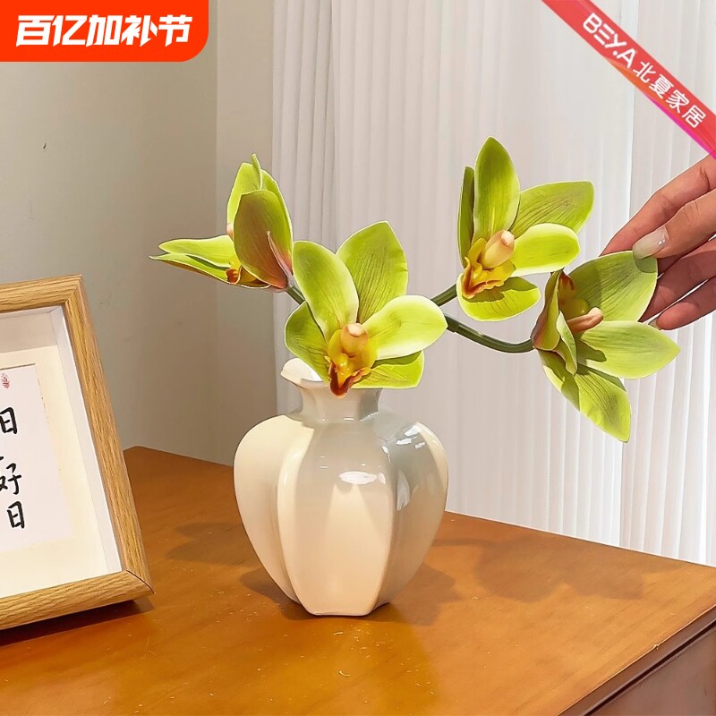 ins风油画蕙兰仿真花假花玄关客厅高档花艺装饰摆设高级花瓶摆件