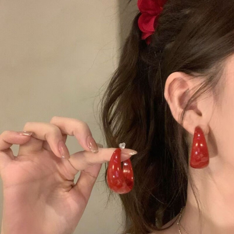 复古港风蓝色C型圈圈耳环女气质耳钉度假风夸张耳圈耳饰圆圈素圈
