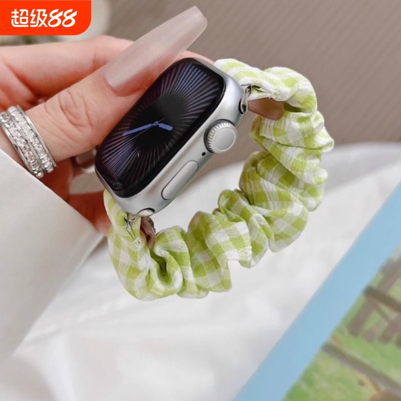 适用applewatch10表带iwatch9苹果S10手表S9蓝白格子S8新款发圈腕带运动SE女款可爱创意松紧夏天高级尼龙智能