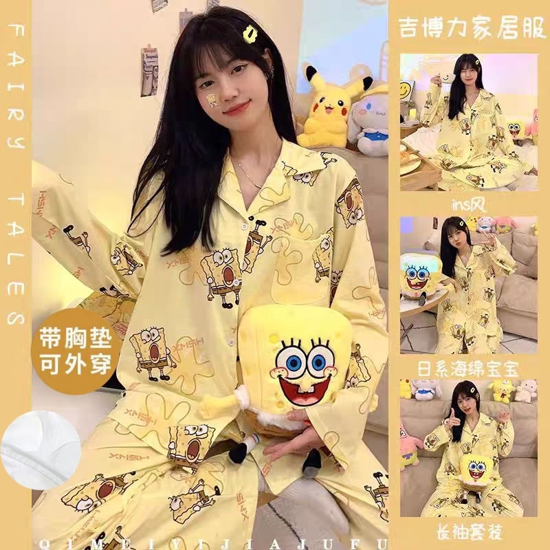 ins风睡衣女秋季新款卡通可爱海绵宝宝学生宽松长袖家居服套装潮