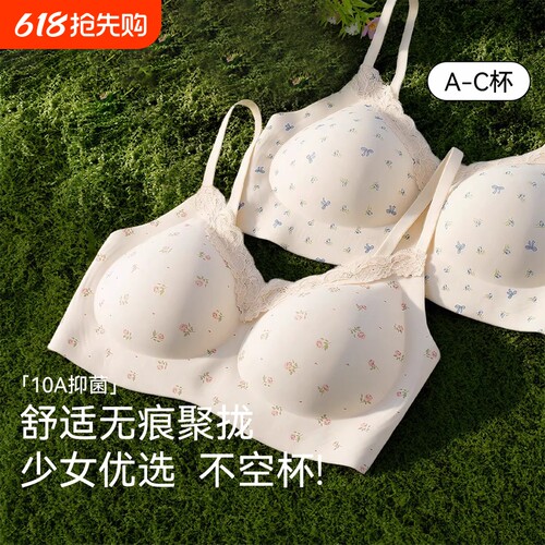甜美纯欲风碎花内衣少女小胸聚拢无钢圈上托提拉防下垂收副乳文胸