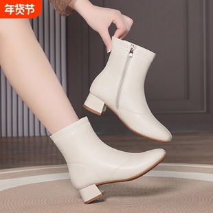 他她女孩真皮短靴女工作鞋马丁靴加绒瘦瘦靴工冬季中跟圆头粗跟