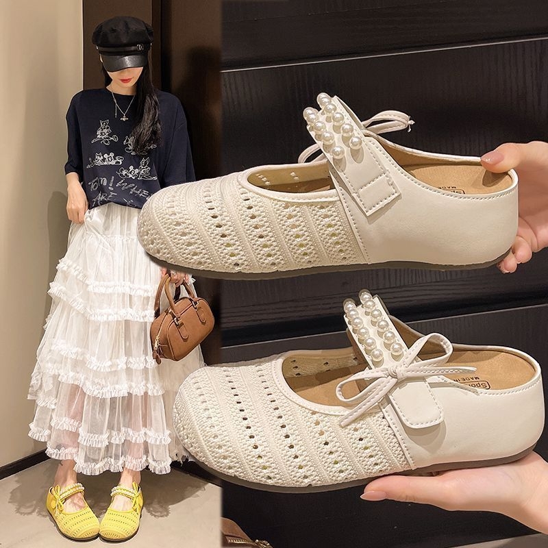 PVC平底休闲仿网面镂空包头拖