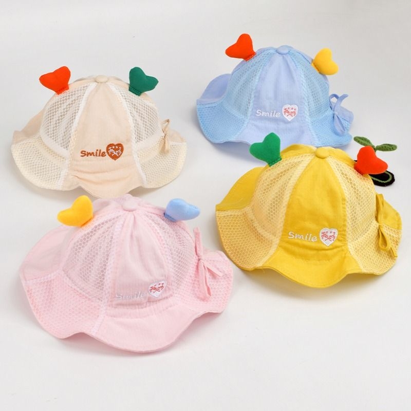 婴儿遮阳帽子夏天网眼3-12个月纯棉可爱幼儿太阳帽薄款宝宝渔夫帽