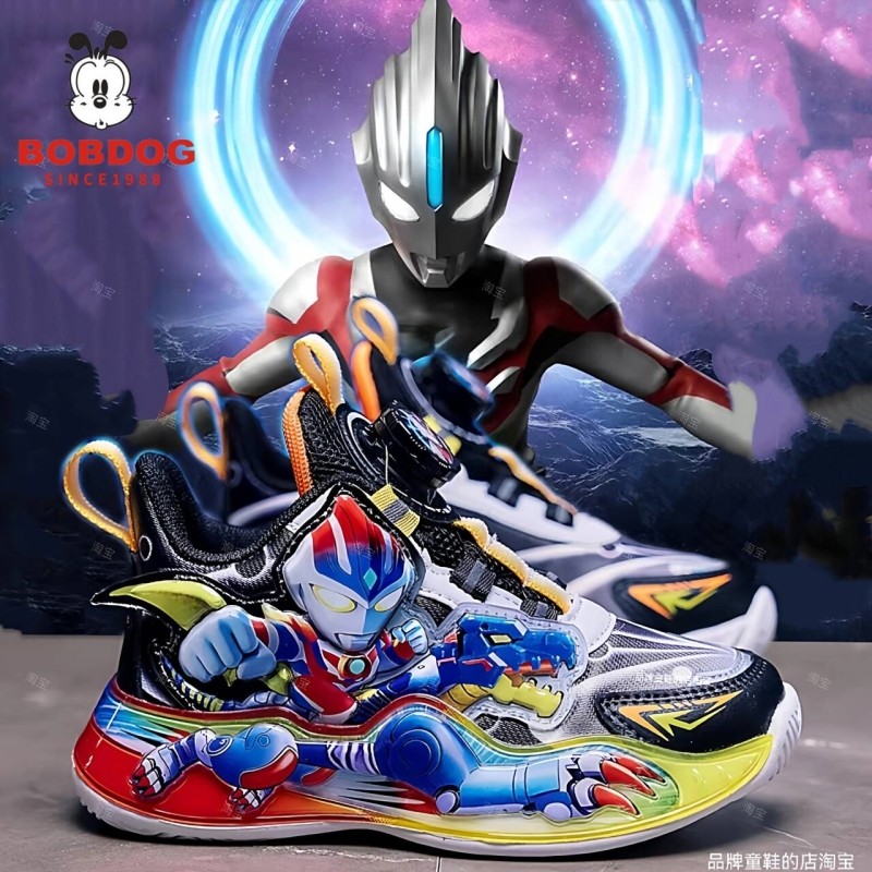 巴布豆真皮奥特男童曼运动鞋2025透气儿童亮灯跑步鞋小男孩卡通鞋