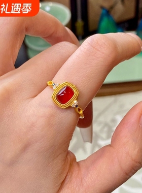 新中式金色花丝镶嵌红色锆石戒指女时尚轻奢高贵气质开口指环手饰