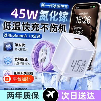 氮化镓45W小冰块适用苹果16充电器iPhone15快充数据线14ProMax智能手机插头17原装充电头45W正品pd平板iPad