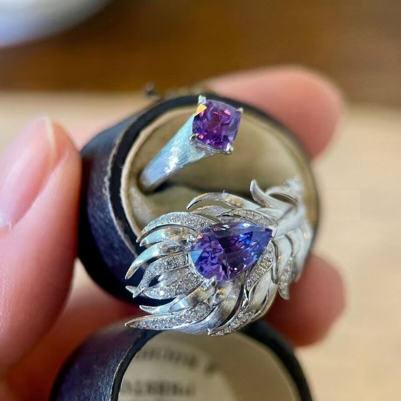 高级设计系列!轻奢风羽翼银色双开口紫色锆石戒指女高级感食指戒