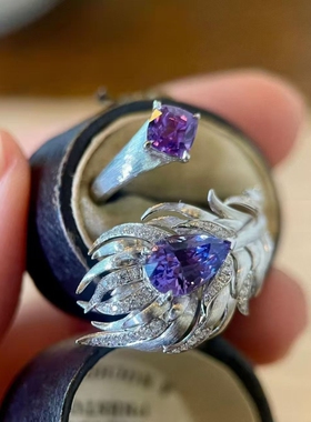 高级设计系列!轻奢风羽翼银色双开口紫色锆石戒指女高级感食指戒