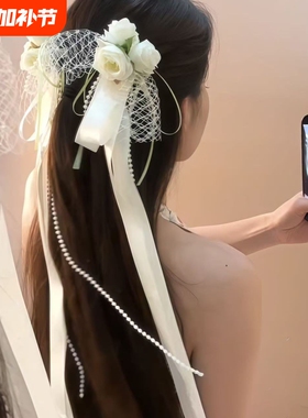 田园花仙绝美白色蕾丝飘带花朵发夹仙女气质边夹氛围感拍照头饰