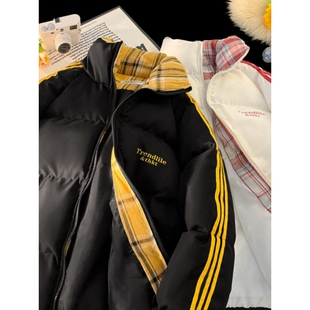 户外冬季新款羽绒服情侣装立领格子三杠设计青少年男外套黑色白色