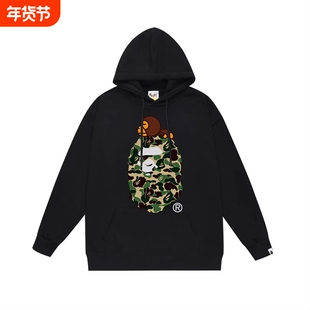 潮牌APE连帽卫衣纯棉SHARKAPE猿人鲨鱼亲子装秋冬加绒内胆白色