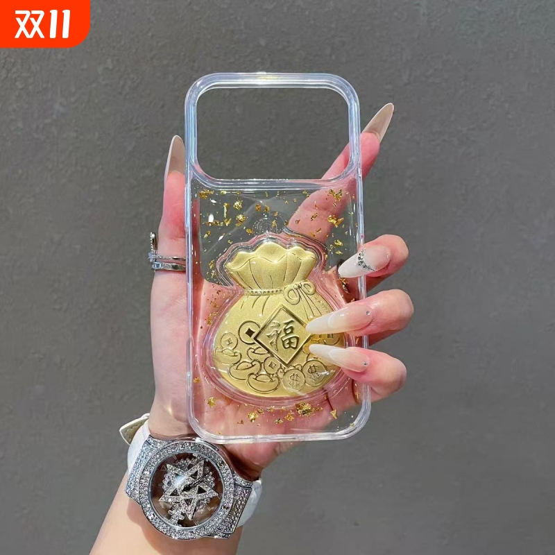 金箔闪粉库洛米招财猫卡通适用苹果17promax手机壳新款苹果17Air马上包你有钱iPhone16防摔透明高级感保护壳