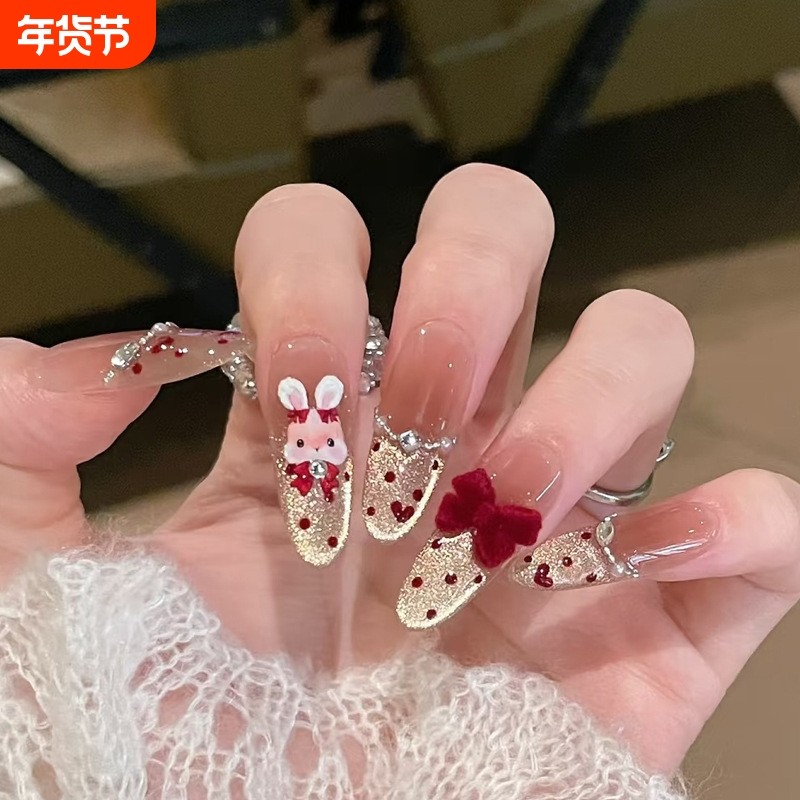 春节新年款小红书爆款红丝绒蝴蝶结爱兔红甲手工穿戴贴片美甲红色,彩妆/香水/美妆工具,穿戴甲/甲片,淘宝优惠券,粉丝福利购,淘宝优惠卷