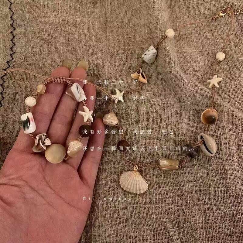 海边度假锁骨链波西米亚风手工吊坠编织绳异域风天然贝壳项链配饰