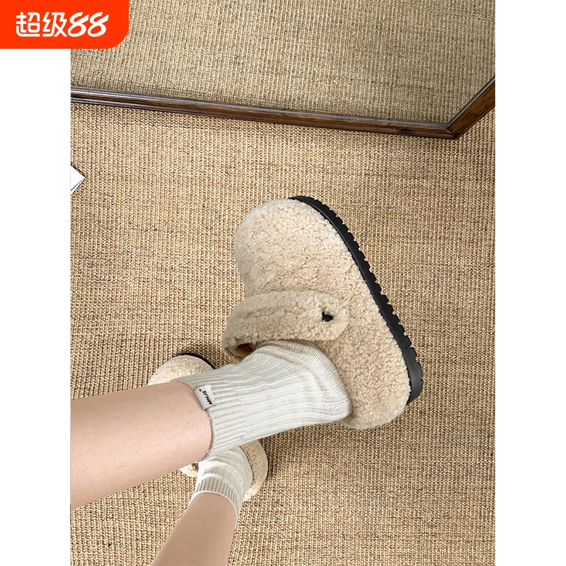 白色包头厚底毛毛拖鞋女外穿2025新款秋冬加绒保暖一脚蹬勃肯棉鞋