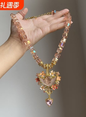 「睡梦天使」粉色串珠爱心流苏项链复古珐琅轻奢气质vintage项链