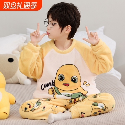 男童睡衣法兰绒秋冬季2025新款儿童男孩奶龙加厚珊瑚绒大童家居服