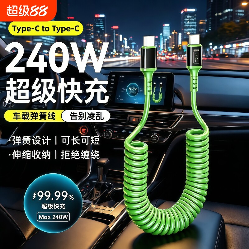 车载充电线Type-c超级快充弹簧伸缩数据线适用华为VIVO荣耀OPPO一加小米手机通用苹果15/16/17平板IPad闪充线
