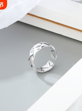 925纯银光面褶皱戒指男女款宽面日韩风INS嘻哈个性食指戒网红推荐