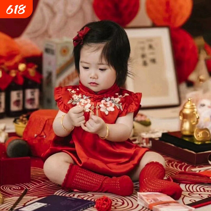 春夏周岁女宝礼服新中式国风红色喜气包屁衣满月百天生日抓周唐装